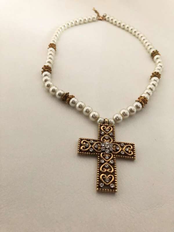 Gold Plated Cross Pendant With Diamante On Pearly Bead Necklace #ML436| Dimensions: Pendant is 55...