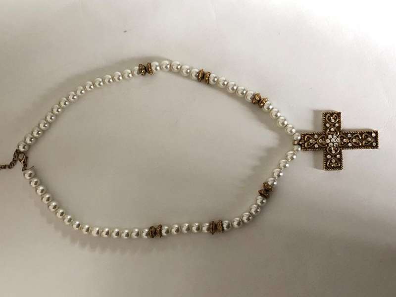Gold Plated Cross Pendant With Diamante On Pearly Bead Necklace #ML436| Dimensions: Pendant is 55...