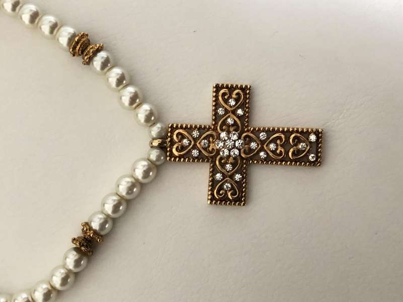 Gold Plated Cross Pendant With Diamante On Pearly Bead Necklace #ML436| Dimensions: Pendant is 55...