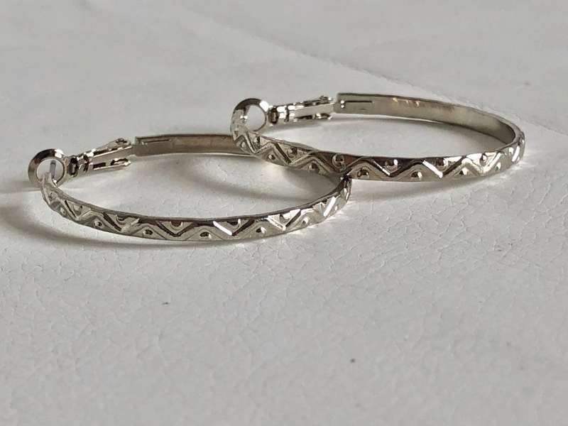 Silver Tone Squiggle and Dot Design Hoop Earrings #ML448  | Dimensions: 3mm, 37mm Diameter