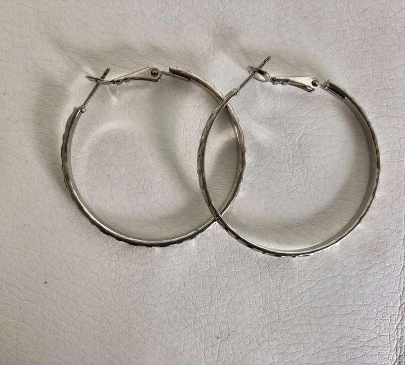 Silver Tone Squiggle and Dot Design Hoop Earrings #ML448  | Dimensions: 3mm, 37mm Diameter