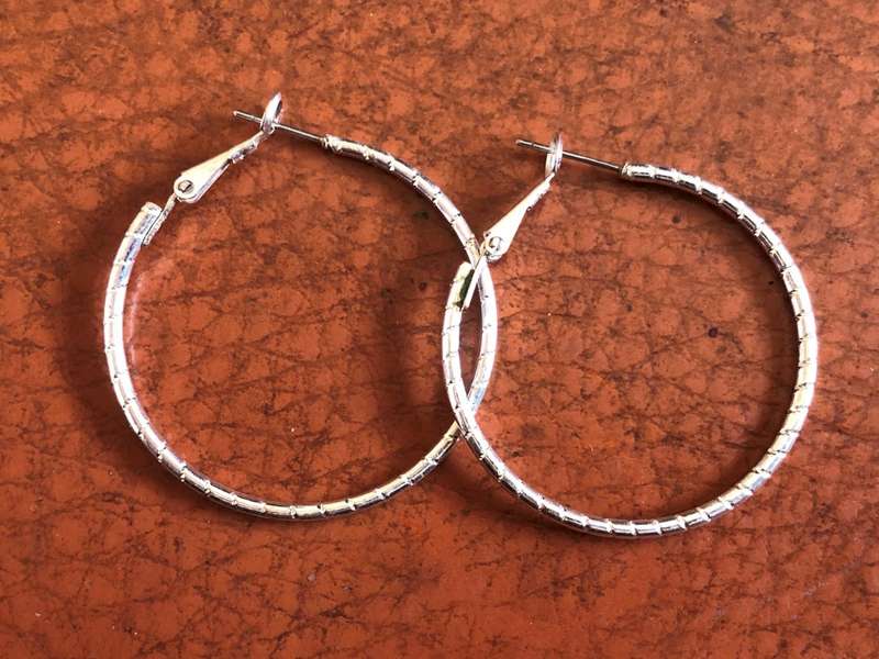 Silver Tone Hoop Earrings With Ribbed Design #ML459 | Dimensions: Diameter is 40mm