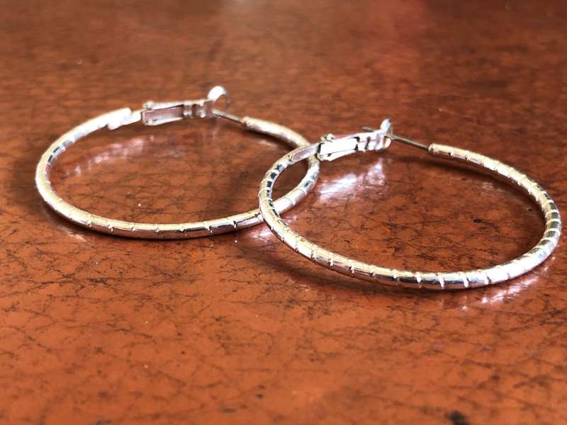 Silver Tone Hoop Earrings With Ribbed Design #ML459 | Dimensions: Diameter is 40mm