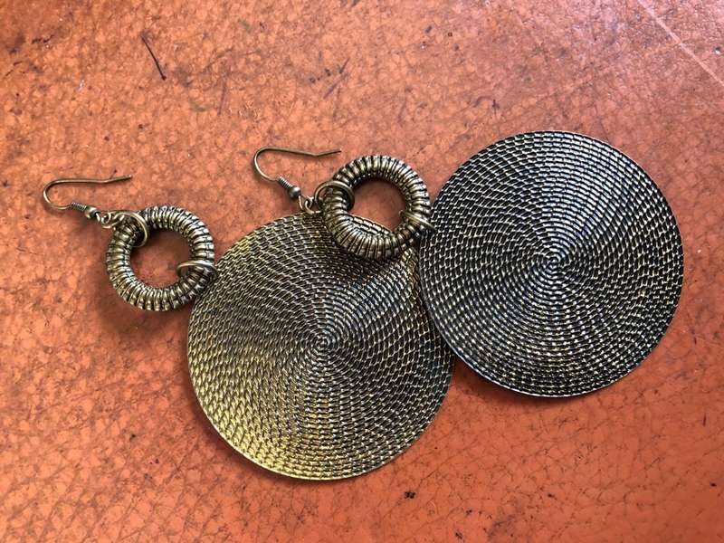 Earrings - Silver Tone Drops With Shepherds Hook - Large Disk with Ring, Disk are Textured #ML461