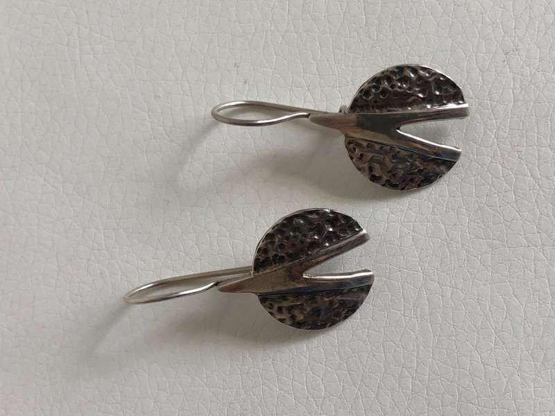 .925 Silver Earrings With a V split and half moon dimpled shapes #ML465 R295.00 | Dimensions: 35m...