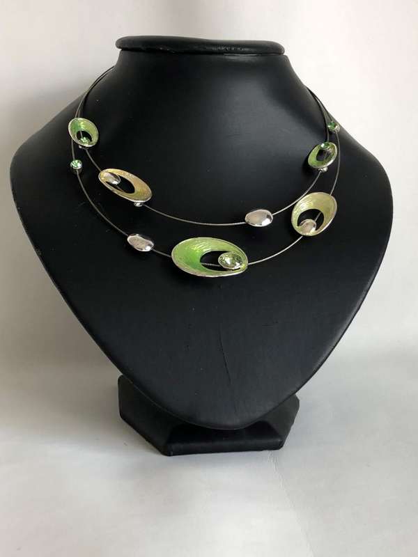 Silver Tone Wire Necklace With Green and Yellow Beads and Green Stones - Double Strand #ML469 | D...