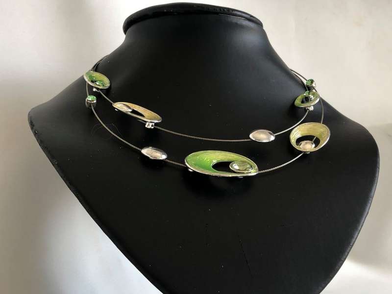 Silver Tone Wire Necklace With Green and Yellow Beads and Green Stones - Double Strand #ML469 | D...