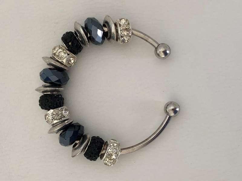 Bracelet - Cuff With Black and Silver Colour Beads and Diamante Circles. Silver Colour #ML472