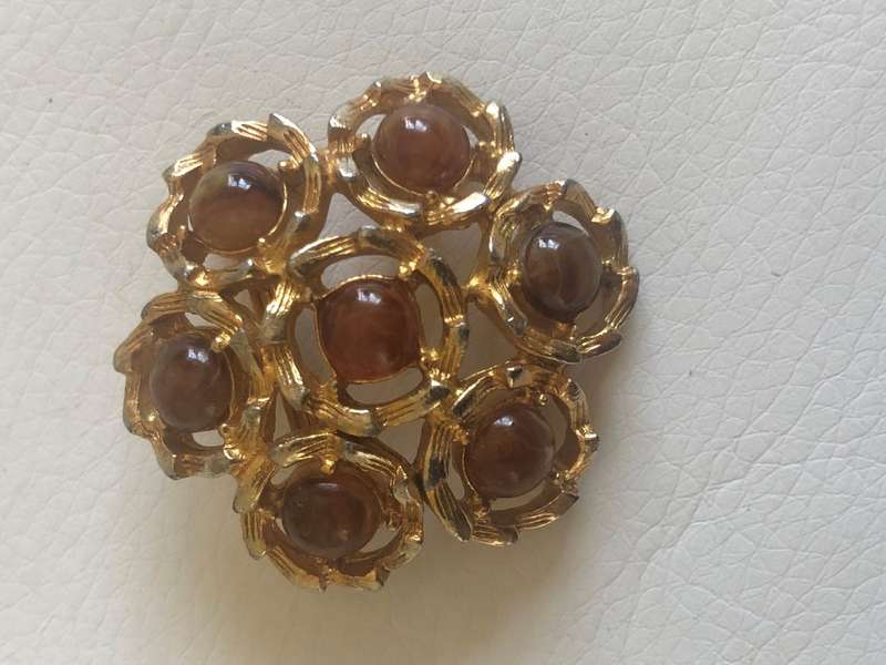 Gold Plated Flower Design Brooch With Amber Colour Stones #ML426 | Dimensions: 35mm in Diameter