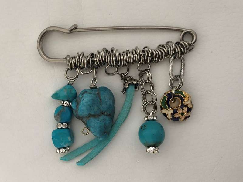 Silver Tone Lapel Pin Brooch With Hanging Charms - Turquoise Beads and Silver Tone Rings #ML478 R...
