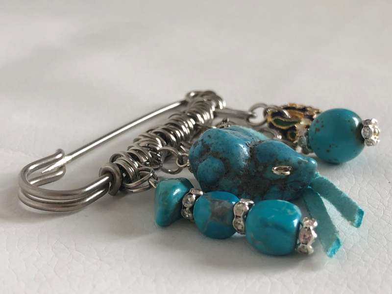 Silver Tone Lapel Pin Brooch With Hanging Charms - Turquoise Beads and Silver Tone Rings #ML478 R...