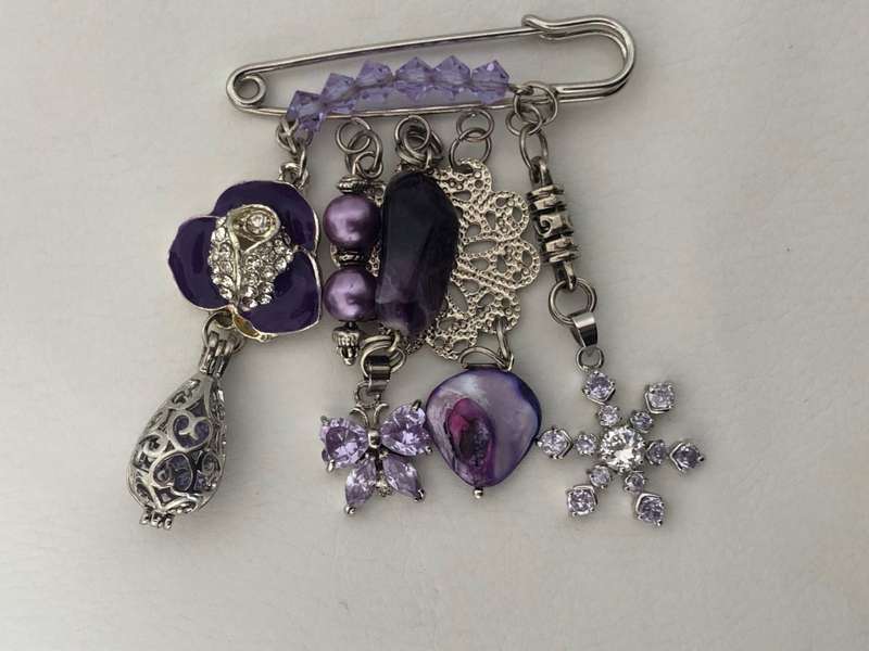 Silver Tone Lapel Pin Brooch With Hanging Charms - Silver Tone And Purple Beads #ML480 R250.00 | ...