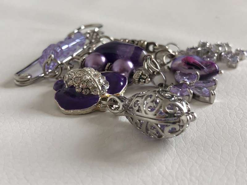 Silver Tone Lapel Pin Brooch With Hanging Charms - Silver Tone And Purple Beads #ML480 R250.00 | ...