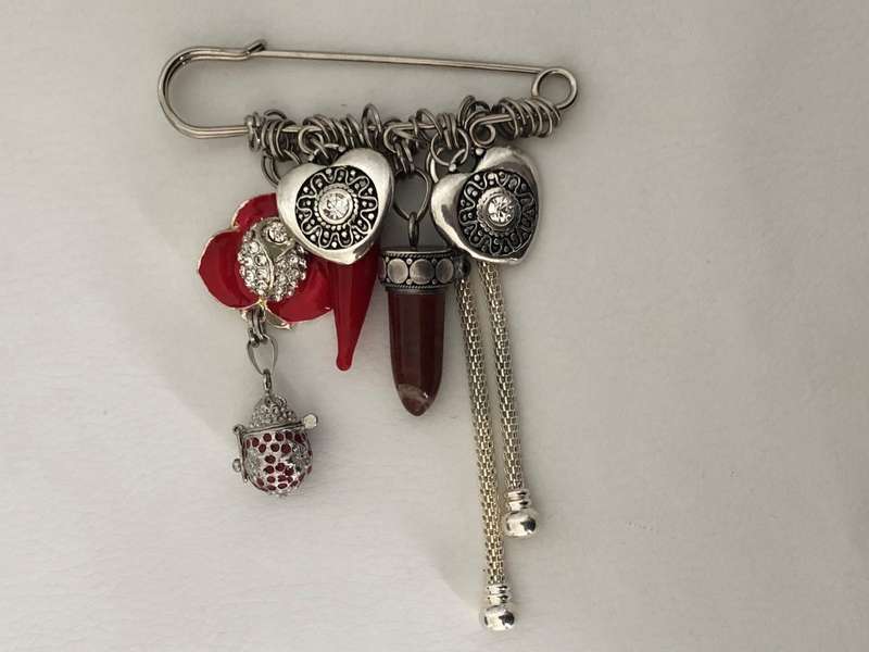 Silver Tone Lapel Pin Brooch With Hanging Charms - Red & Silver Tone Charms #ML481 R250.00 | Dime...