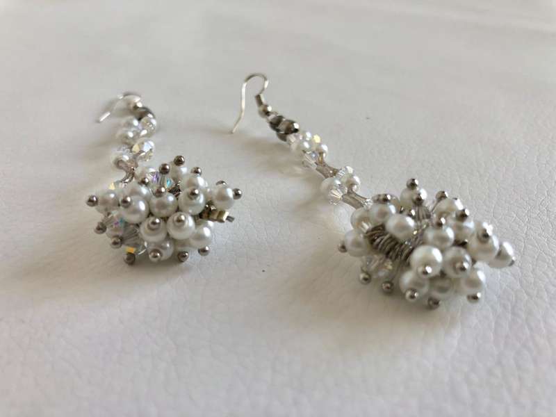 Earrings - Shepherds Hook Drop Earrings - White & Clear Cluster of Beads at the Bottom. Silver Co...