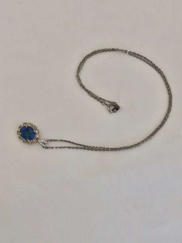 Silver Plated Necklace With Oval Pendant, Blue Stone Surrounded by Diamante, Dainty #ML496 | Dime...