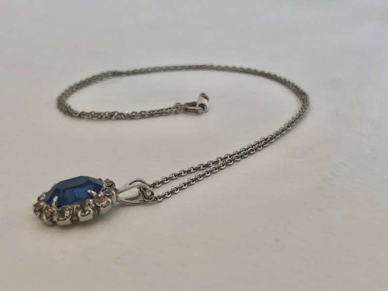 Silver Plated Necklace With Oval Pendant, Blue Stone Surrounded by Diamante, Dainty #ML496 | Dime...