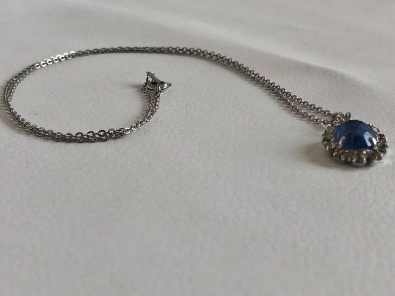 Silver Plated Necklace With Oval Pendant, Blue Stone Surrounded by Diamante, Dainty #ML496 | Dime...
