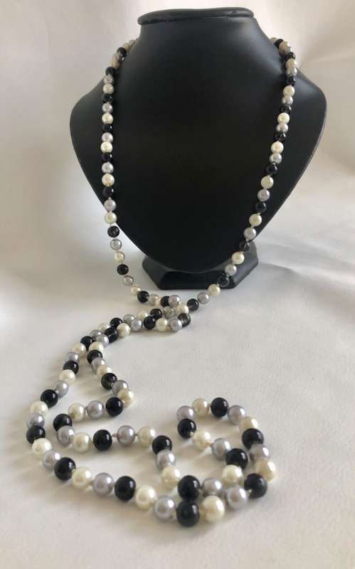 Long Beaded Necklace With Black, Grey and White Beads #ML499 R195.00 | Dimensions: 650mm by 8mm
