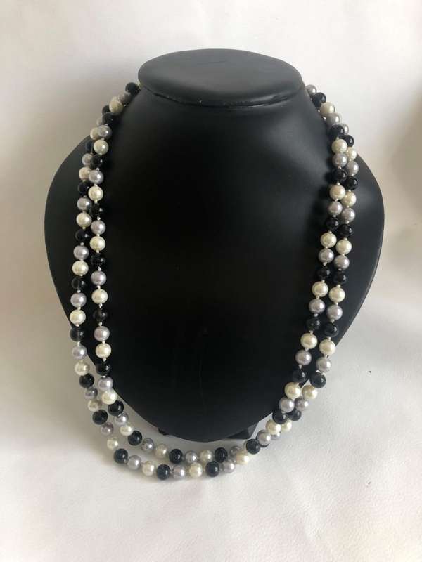 Long Beaded Necklace With Black, Grey and White Beads #ML499 R195.00 | Dimensions: 650mm by 8mm