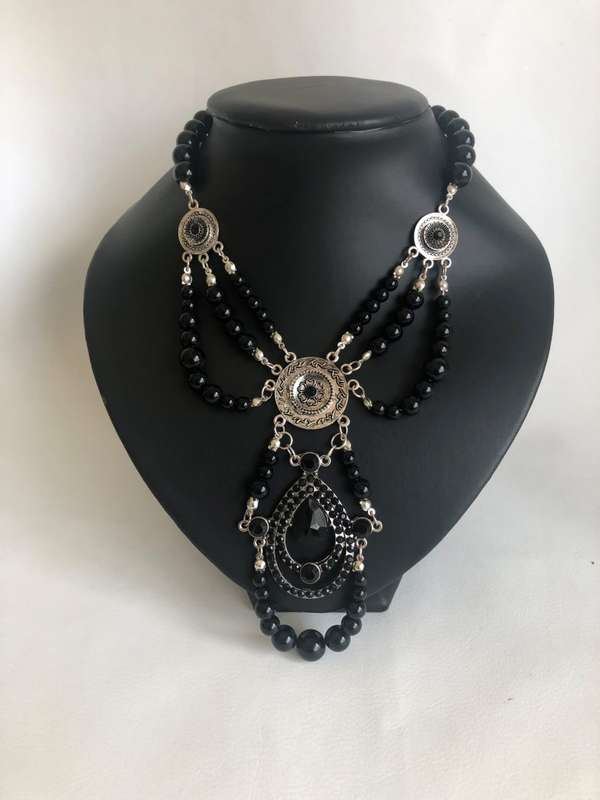Silver Plated Beaded Necklace With Black Beads and Silver Plated Pendants #ML500| Dimensions: 370...