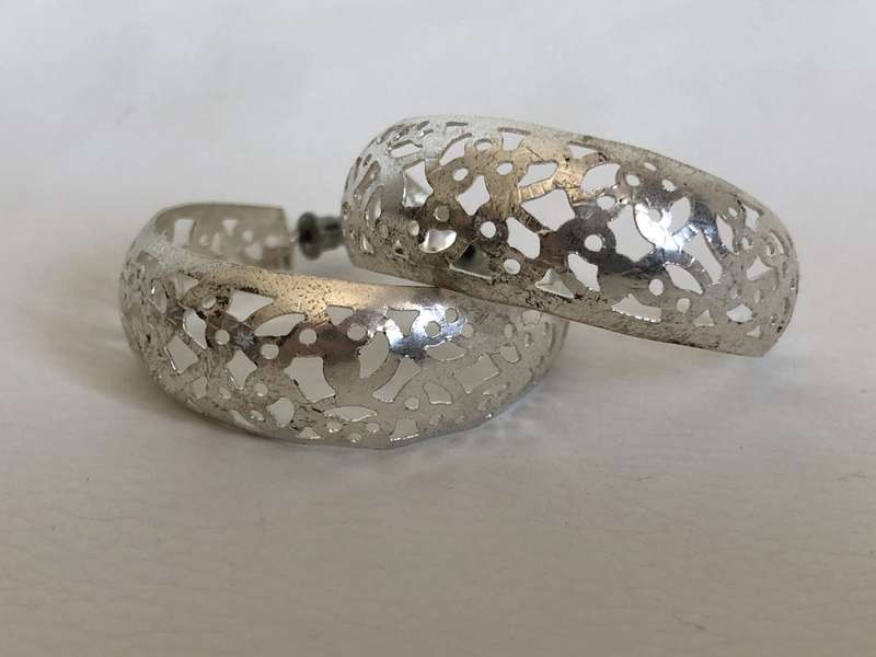 Earrings - Silver Plated Open Hoops. Lace Design, Light Weight #ML539