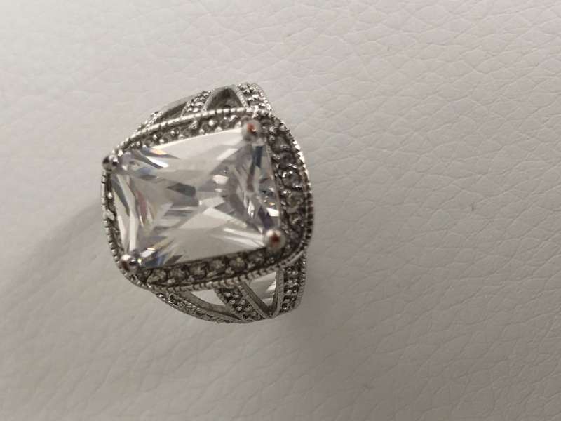 Silver Plated Ring, Large Square Stone Surrounded by Diamante, Band split into 3 Branches #ML577 ...