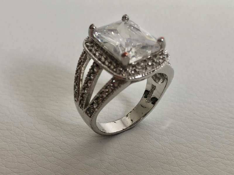 Silver Plated Ring, Large Square Stone Surrounded by Diamante, Band split into 3 Branches #ML577 ...