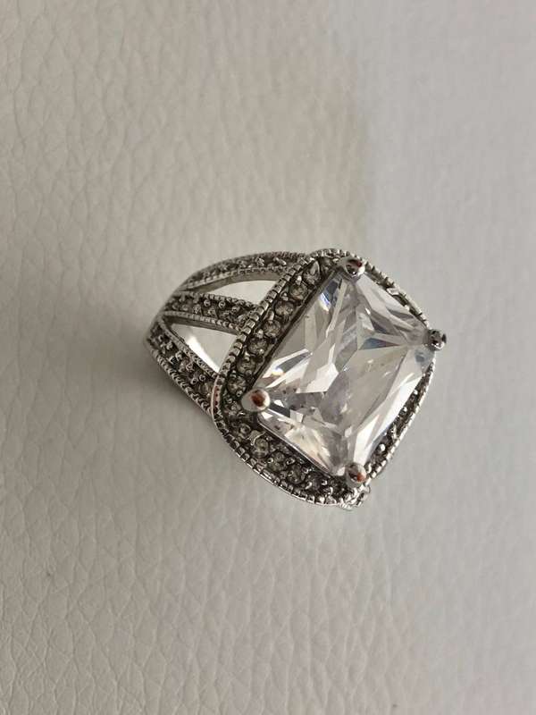 Silver Plated Ring, Large Square Stone Surrounded by Diamante, Band split into 3 Branches #ML577 ...