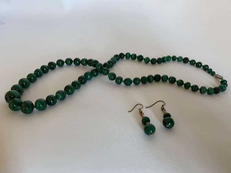 Necklace & Earring set - Malachite Beads, Earrings are Shepherds hooks, Gold in colour #ML595 R39...