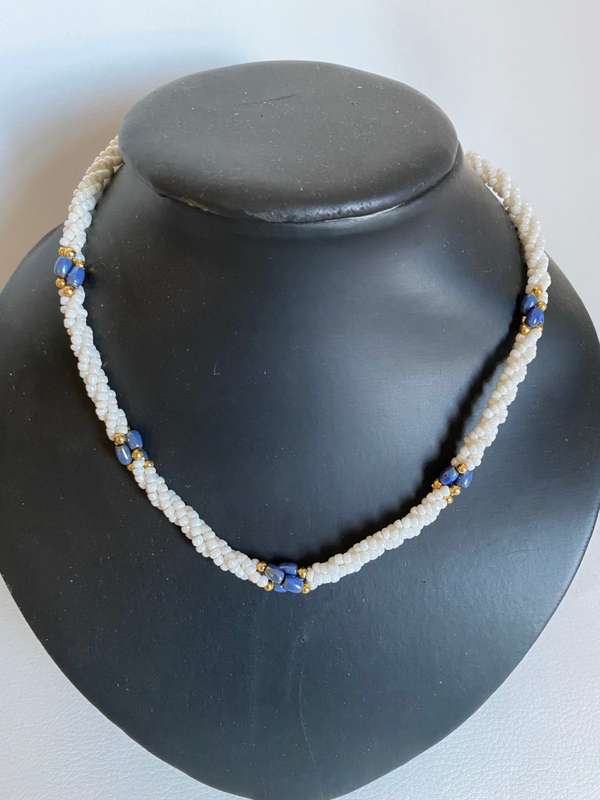Necklace -  Fresh Water Pearls/Seed, Royal Blue Colour Beads With Gold Colour Separators #ML605 |...