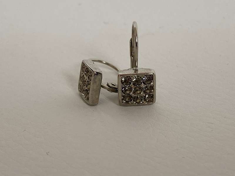 Silver Colour Square Earrings with Shepherds Hooks, 9 diamante in each square #ML619 R225 | Dimen...