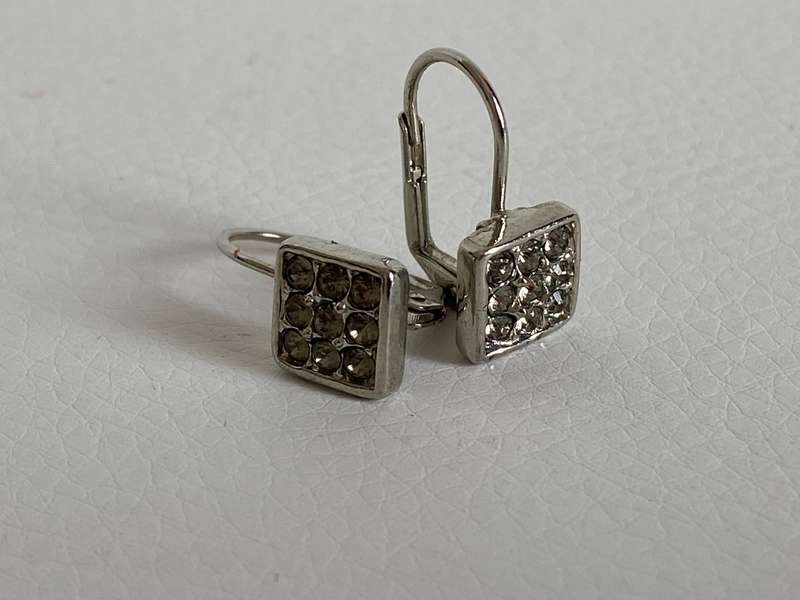 Silver Colour Square Earrings with Shepherds Hooks, 9 diamante in each square #ML619 R225 | Dimen...