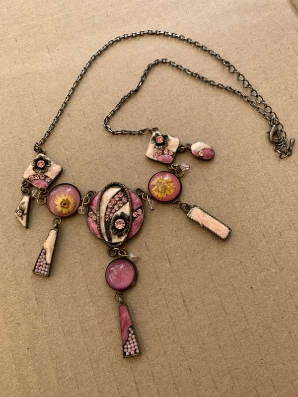 Necklace With Dusty Pink Patterned Disks With Beads and Mosaic Style Inlay, on Rustic Chain #ML63...