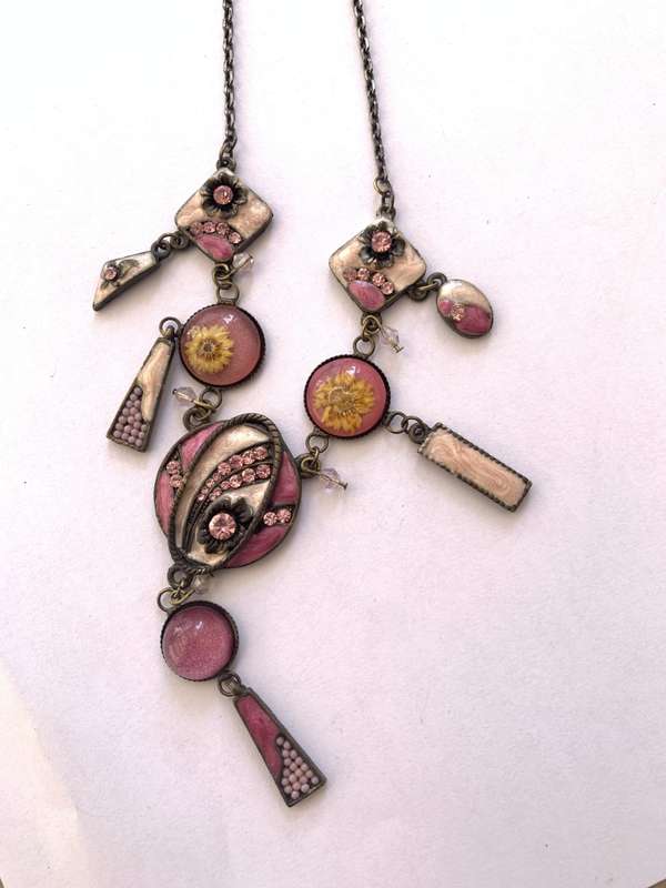 Necklace With Dusty Pink Patterned Disks With Beads and Mosaic Style Inlay, on Rustic Chain #ML63...
