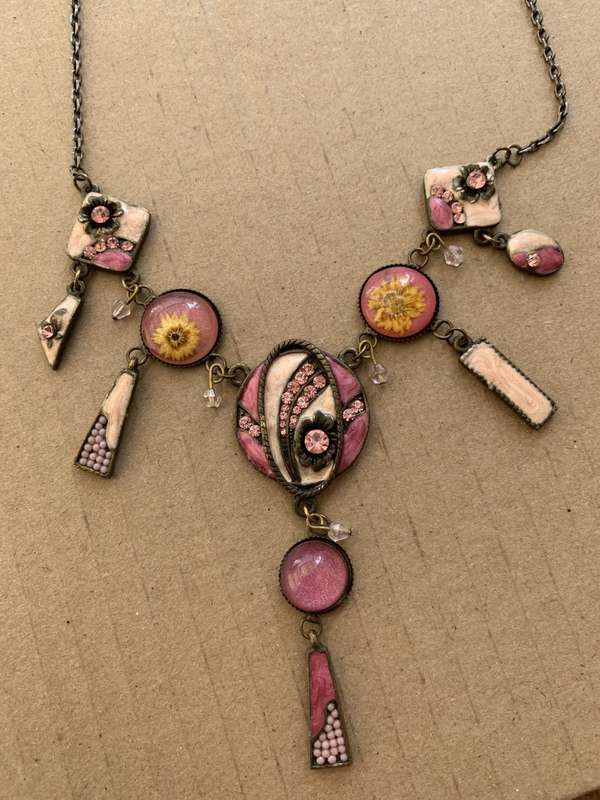 Necklace With Dusty Pink Patterned Disks With Beads and Mosaic Style Inlay, on Rustic Chain #ML63...