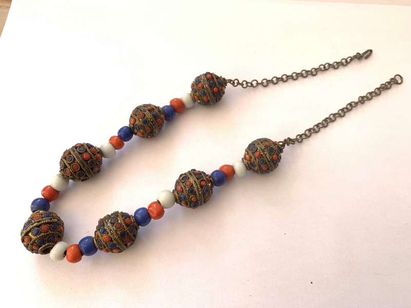 Beaded Necklace With Large Round Metal Baubles With Smaller Red, White and Blue Beads #ML638 R180...