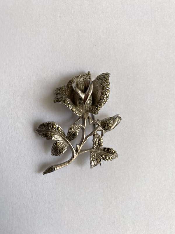 Brooch - Rose Design With Marcasite. Silver Plated #ML648