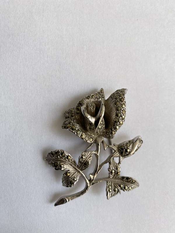 Brooch - Rose Design With Marcasite. Silver Plated #ML648