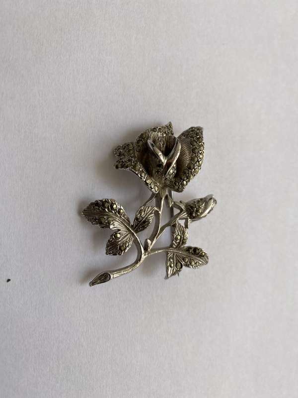 Brooch - Rose Design With Marcasite. Silver Plated #ML648