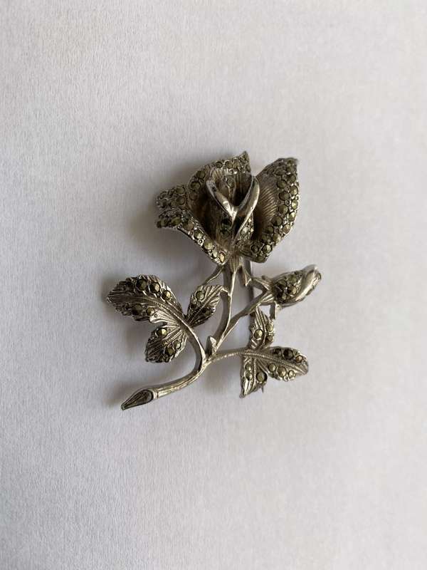 Brooch - Rose Design With Marcasite. Silver Plated #ML648