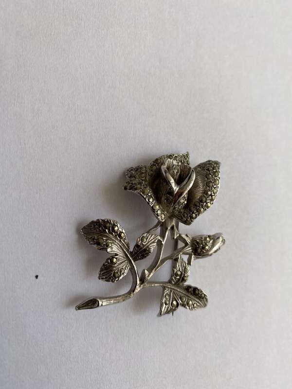 Brooch - Rose Design With Marcasite. Silver Plated #ML648