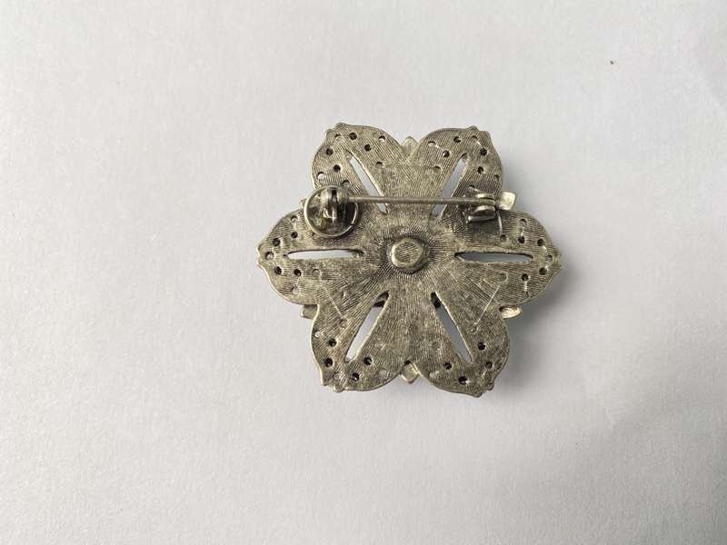 Brooch - Flower With Layers of Diamante and Black and Grey Beads. Silver Colour #ML658