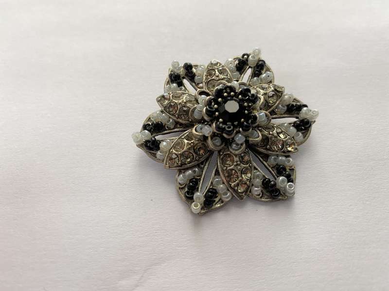 Brooch - Flower With Layers of Diamante and Black and Grey Beads. Silver Colour #ML658
