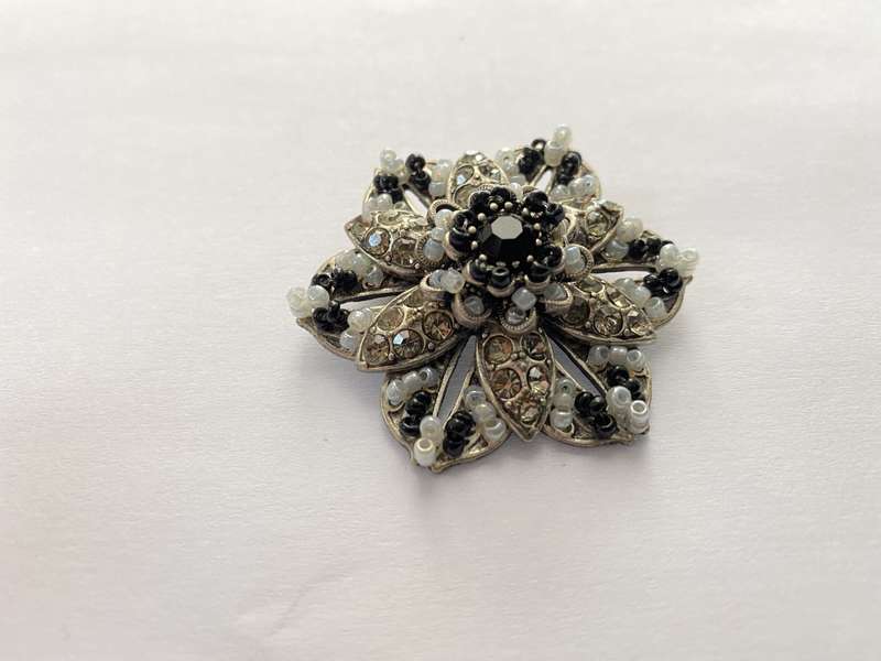 Brooch - Flower With Layers of Diamante and Black and Grey Beads. Silver Colour #ML658