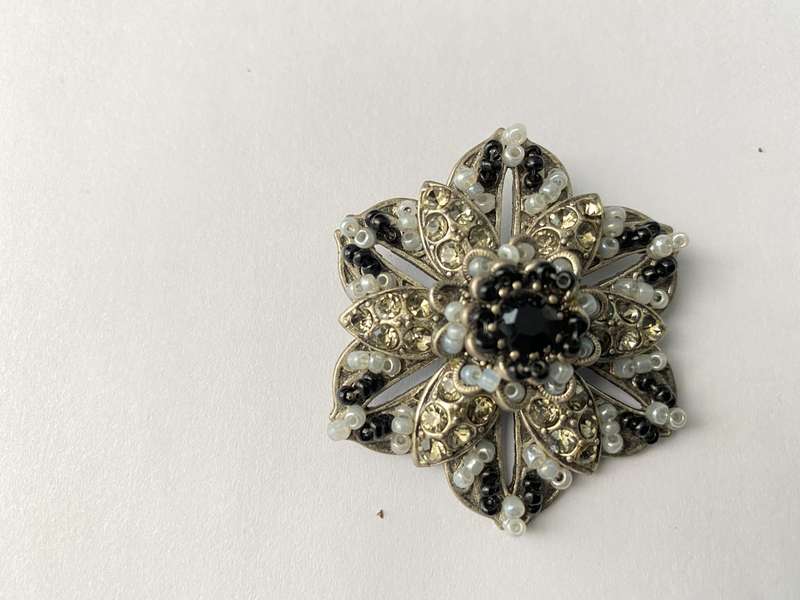 Brooch - Flower With Layers of Diamante and Black and Grey Beads. Silver Colour #ML658