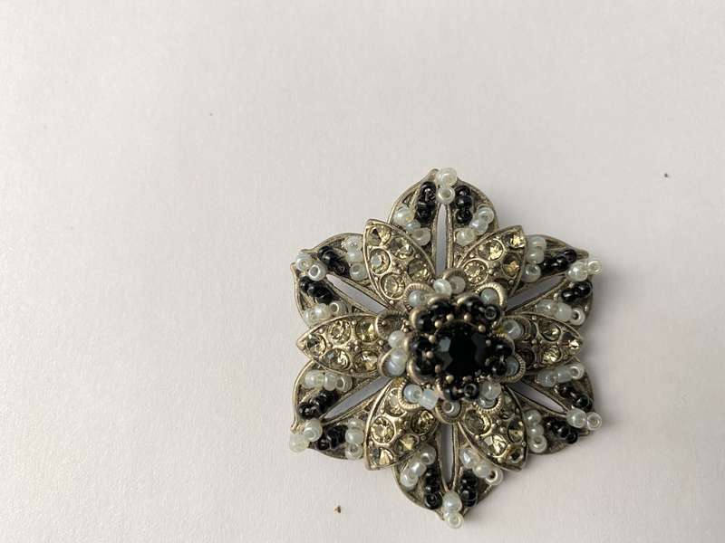 Brooch - Flower With Layers of Diamante and Black and Grey Beads. Silver Colour #ML658