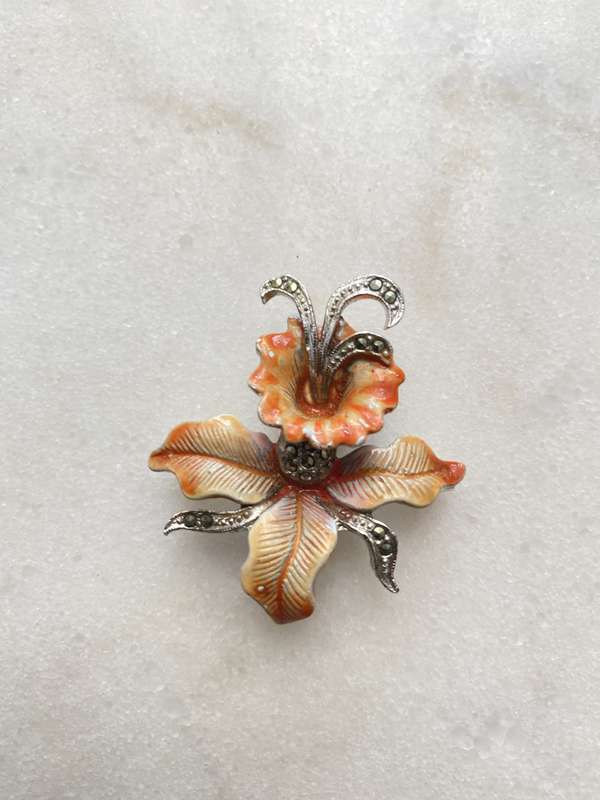 Brooch - Silver Plated Orange and Yellow Enamel and Marcasite Orchid Flower Design #ML667
