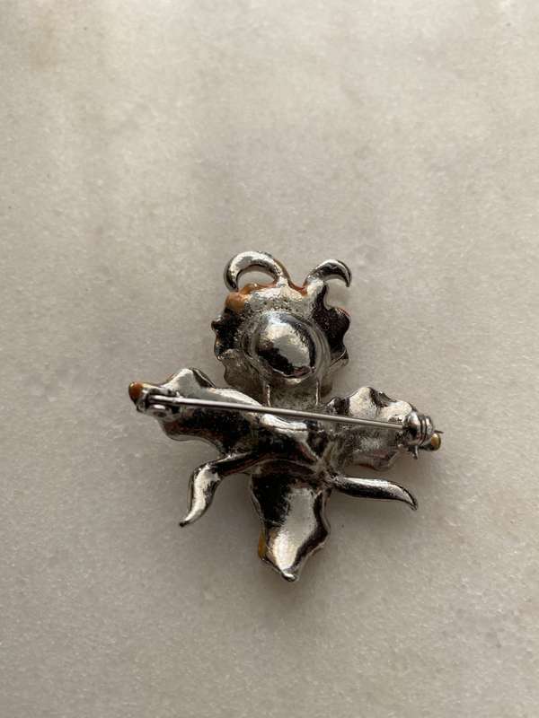 Brooch - Silver Plated Orange and Yellow Enamel and Marcasite Orchid Flower Design #ML667