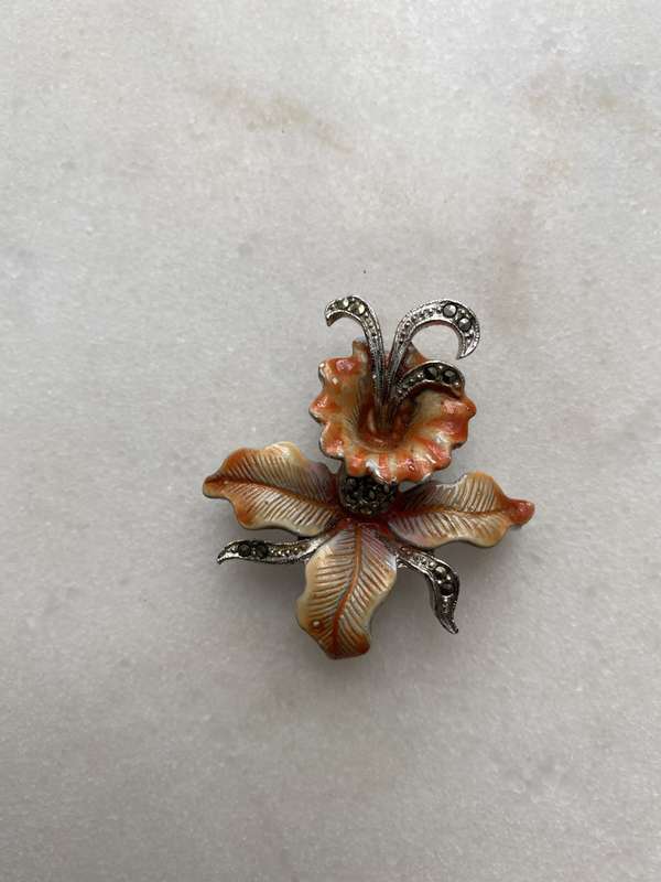 Brooch - Silver Plated Orange and Yellow Enamel and Marcasite Orchid Flower Design #ML667